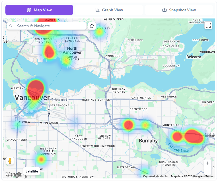 ADINT.AI dashboard, Map View: a heatmap of QR scan activity across a city with Map, Graph and Snapshot view tabs