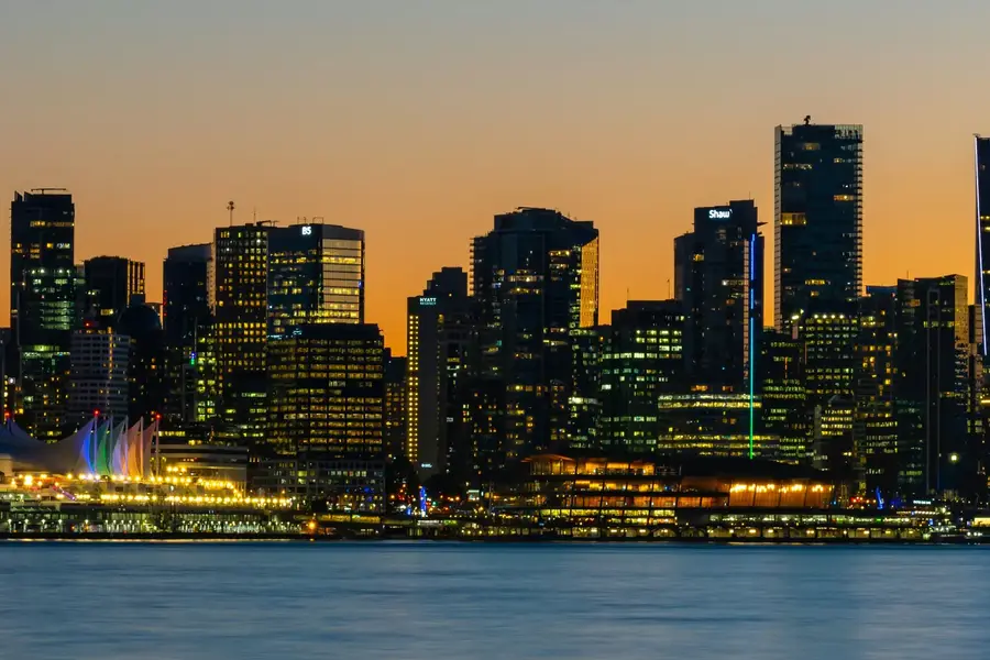 The downtown Vancouver skyline at sunset